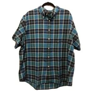 LANDS’ END Mens XXL Aqua Plaid Button Down Cotton Short Sleeve Shirt 18-18-1/2